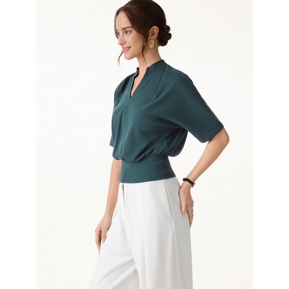 OGL Teal Short-Sleeve V-Neck Blouse Deep Water medium NWT